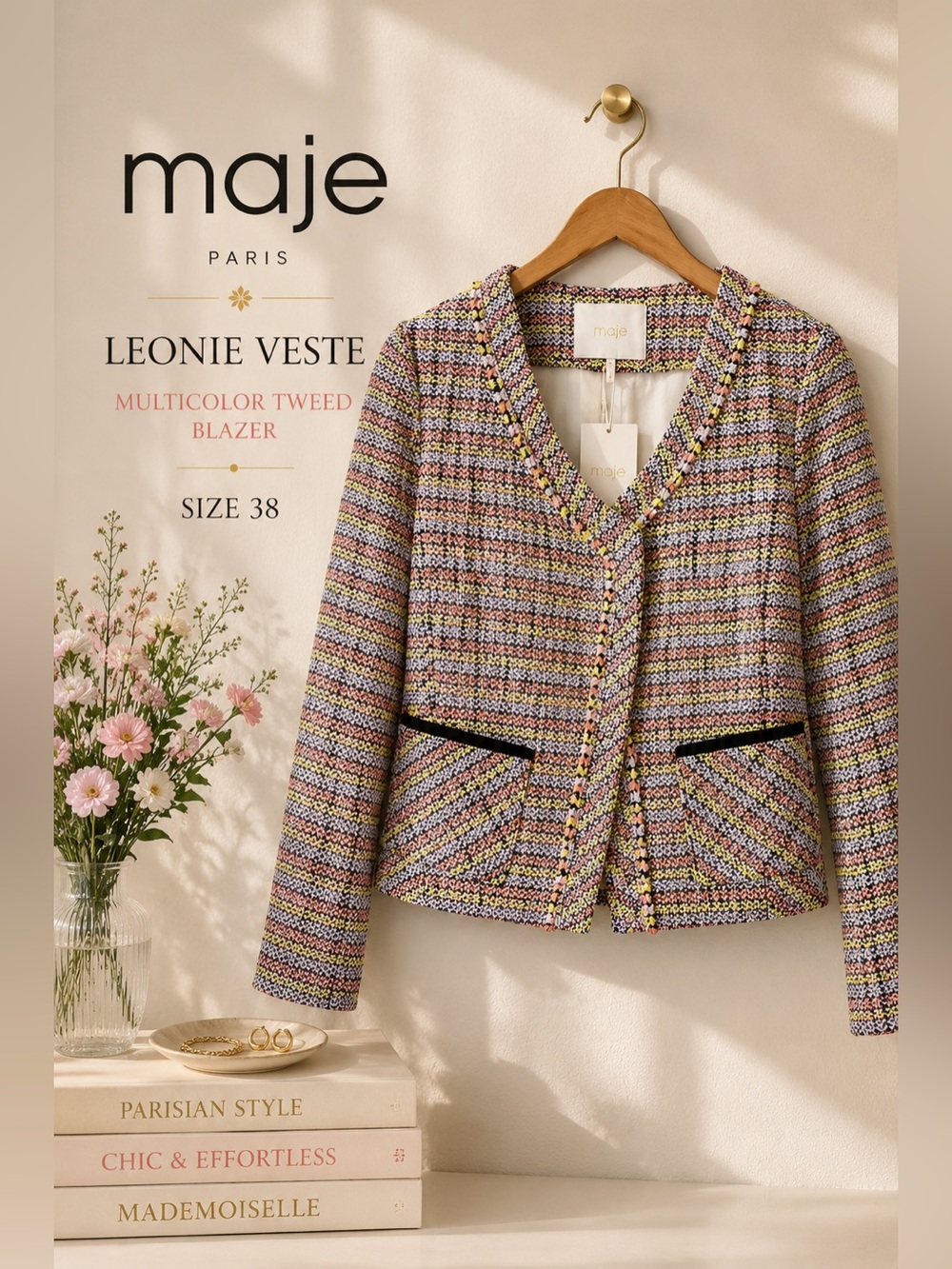 Maje E12 Leonie Veste Multicolor Tweed Blazer Jacket Size 38 NWT